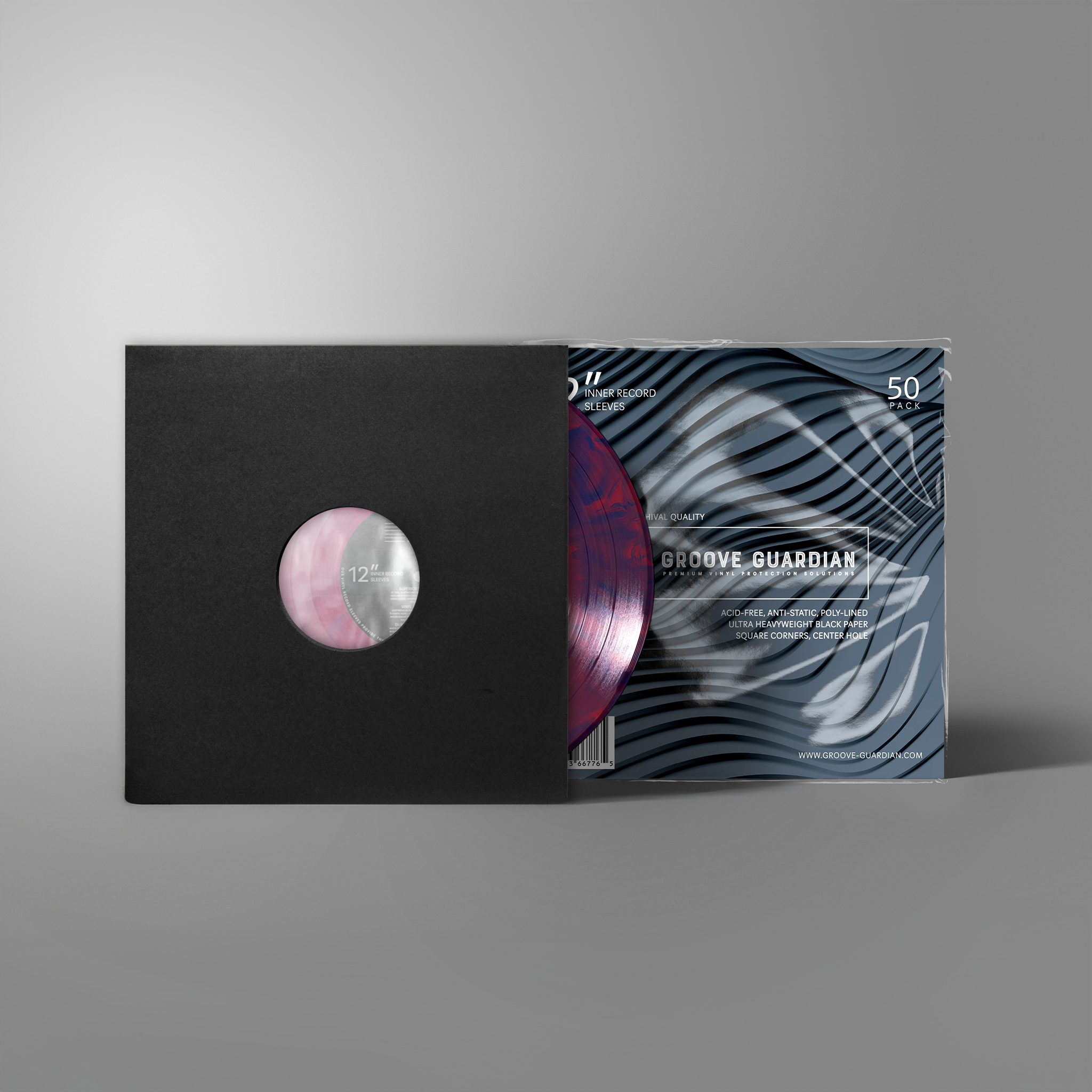 A marbled pink vinyl record partially slides out of a Groove Guardian Black Poly-Lined Paper Record Sleeve, positioned beside a wavy-patterned album cover featuring the Groove Guardian label, track listings, and the number 50 in the corner—all set against a gray background—delivering standout style along with premium protection for your vinyl records.