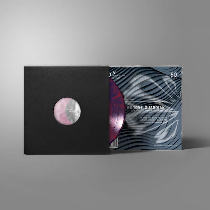 A marbled pink vinyl record partially slides out of a Groove Guardian Black Poly-Lined Paper Record Sleeve, positioned beside a wavy-patterned album cover featuring the Groove Guardian label, track listings, and the number 50 in the corner—all set against a gray background—delivering standout style along with premium protection for your vinyl records.