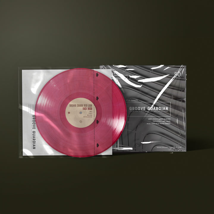 A transparent pink vinyl record partially slides out of a Groove Guardian Premium 12" LP Inner Record Sleeve, featuring archival-quality, anti-static protection, against a dark background.