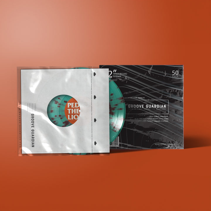 A translucent green vinyl record and its sleeve, branded “Groove Guardian,” rest against an orange background. The partially transparent Ultra-Premium 12" LP Inner Record Sleeve reveals the record and glimpses of inner artwork, showcasing the stylish design typically associated with high-quality vinyl sleeves from Groove Guardian.