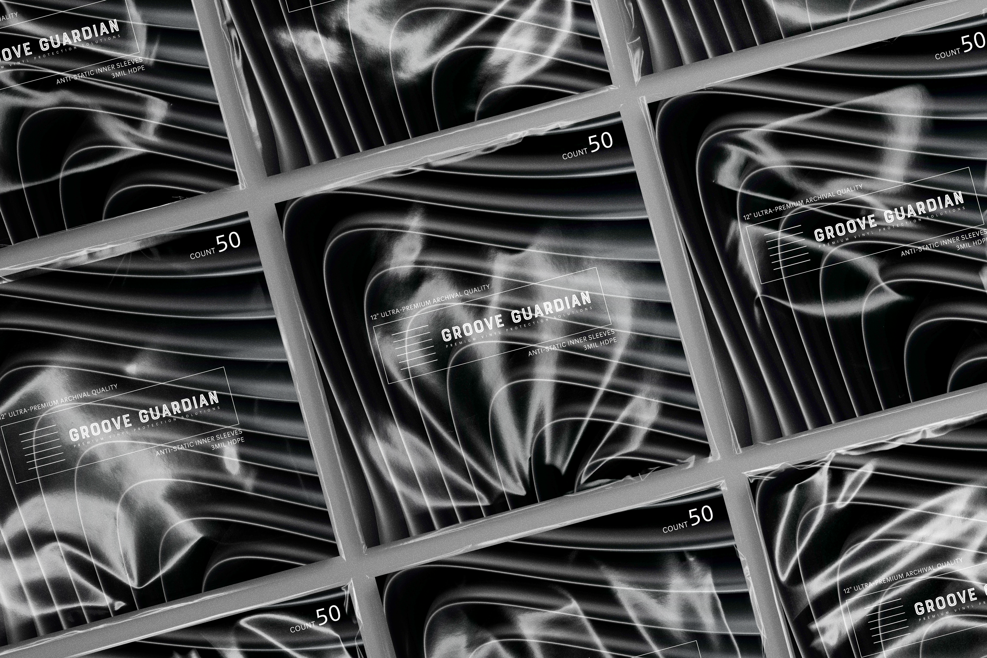 Several black and white Groove Guardian album covers are arranged in a grid. The covers feature abstract, swirling smoke patterns and white geometric lines, with count 50 text in the corners.